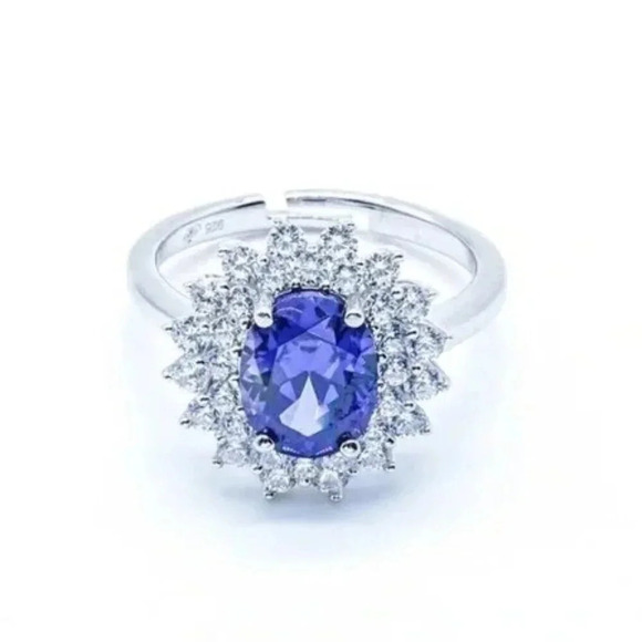Vintage Jewelry - Vintage 925 Sterling Silver Sapphire Sparkle Halo Ring Size Adjustable 6-8